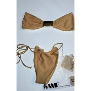 SAME Los Angeles Bikini Set S Faux Suede Beige Bandeau Top & Tie Side Bottom NWT